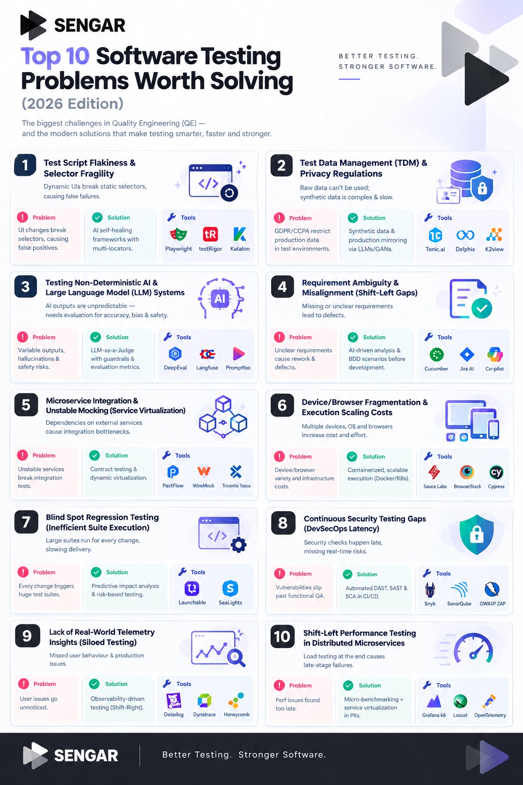 Top 10 Software Testing Problems and Solutions in 2026 — problem, solution and tools for each, by Sengar Consultancy